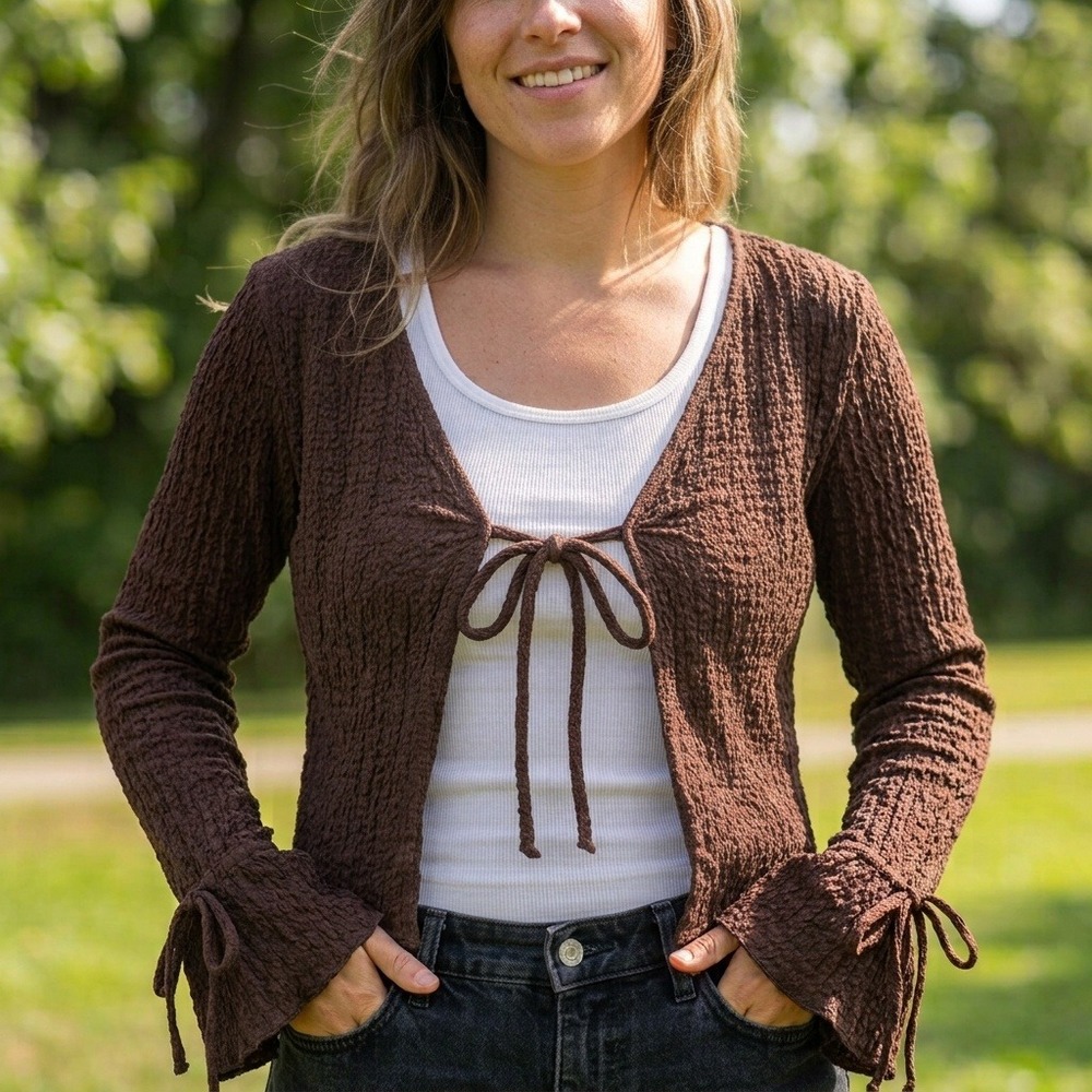 See You Monday Cardigan Top Women Brown Popcorn Texture Bell Sleeve Tie Front M